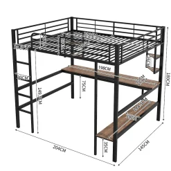 Lit mezzanine 140x200 cm avec bureau et étagères intégrées, cadre métal noir fonctionnel><noscript><img width=