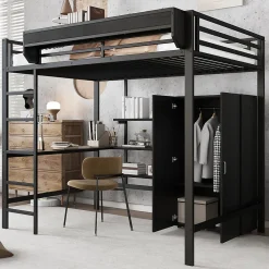 Lit mezzanine 140x200 cm avec bureau et étagère de rangement - avec garde-robe - Métal + MDF - Noir (sans matelas)>ModernLuxe Discount