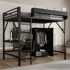 Lit mezzanine 140x200 cm avec bureau et étagère de rangement - avec garde-robe - Métal + MDF - Noir (sans matelas)>ModernLuxe Discount