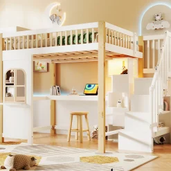 Lit mezzanine 140x200 cm avec bureau et escalier de rangement - lit ado gain de place - pin MDF blanc naturel - sans matelas>Okwish Discount