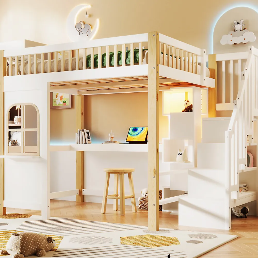 Lit mezzanine 140x200 cm avec bureau et escalier de rangement - lit ado gain de place - pin MDF blanc naturel - sans matelas>Okwish Discount