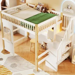 Lit mezzanine 140x200 cm avec bureau et escalier de rangement - lit ado gain de place - pin MDF blanc naturel - sans matelas>Okwish Discount