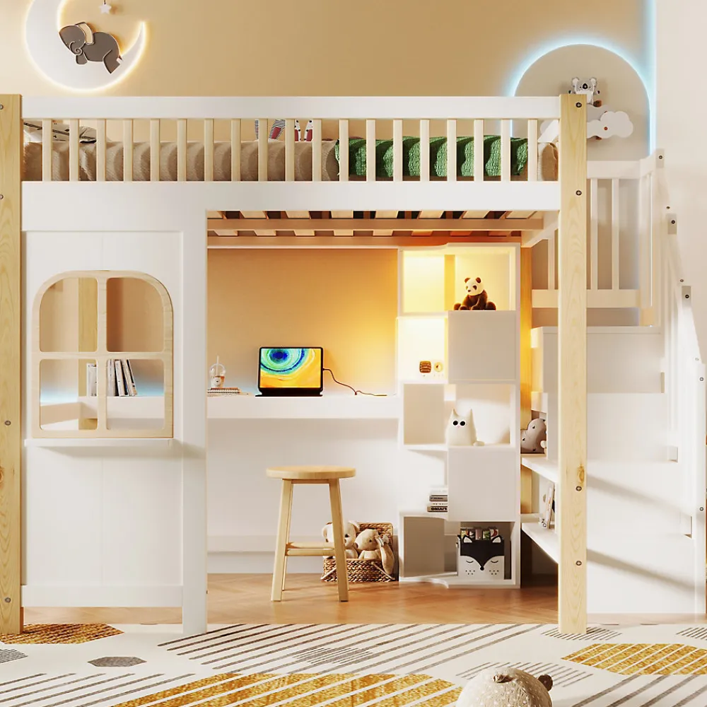 Lit mezzanine 140x200 cm avec bureau et escalier de rangement - lit ado gain de place - pin MDF blanc naturel - sans matelas>Okwish Discount