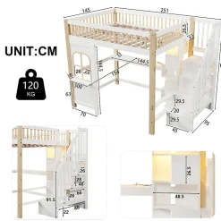 Lit mezzanine 140x200 cm avec bureau et escalier de rangement - lit ado gain de place - pin MDF blanc naturel - sans matelas><noscript><img width=