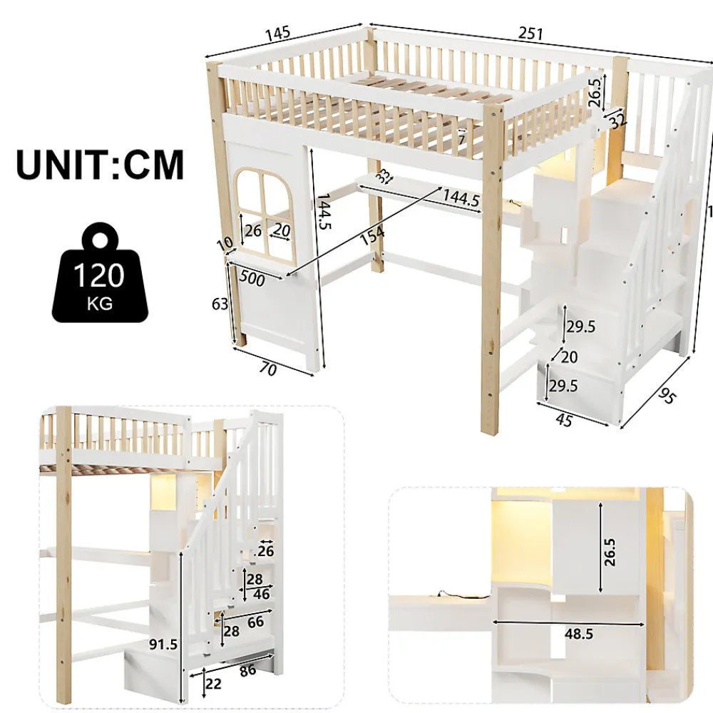 Lit mezzanine 140x200 cm avec bureau et escalier de rangement - lit ado gain de place - pin MDF blanc naturel - sans matelas>Okwish Discount