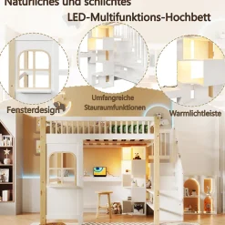Lit mezzanine 140x200 cm avec bureau et escalier de rangement - lit ado gain de place - pin MDF blanc naturel - sans matelas><noscript><img width=