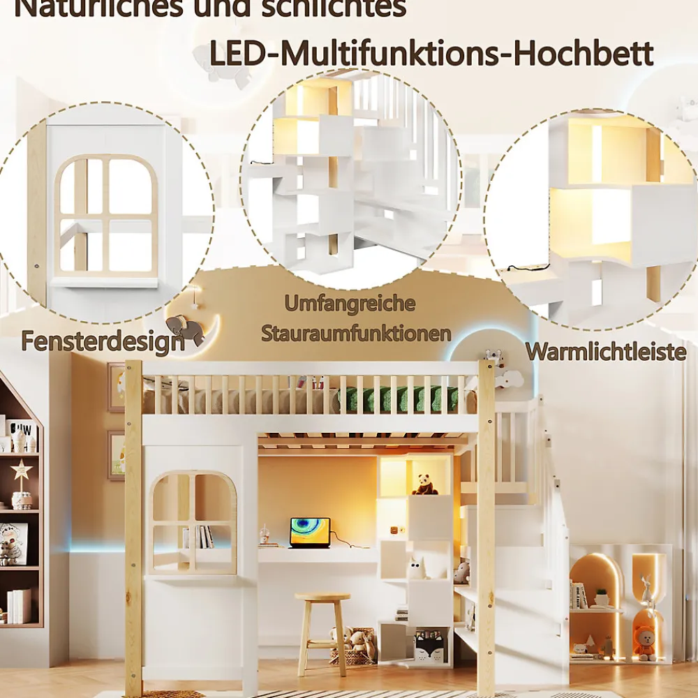 Lit mezzanine 140x200 cm avec bureau et escalier de rangement - lit ado gain de place - pin MDF blanc naturel - sans matelas>Okwish Discount
