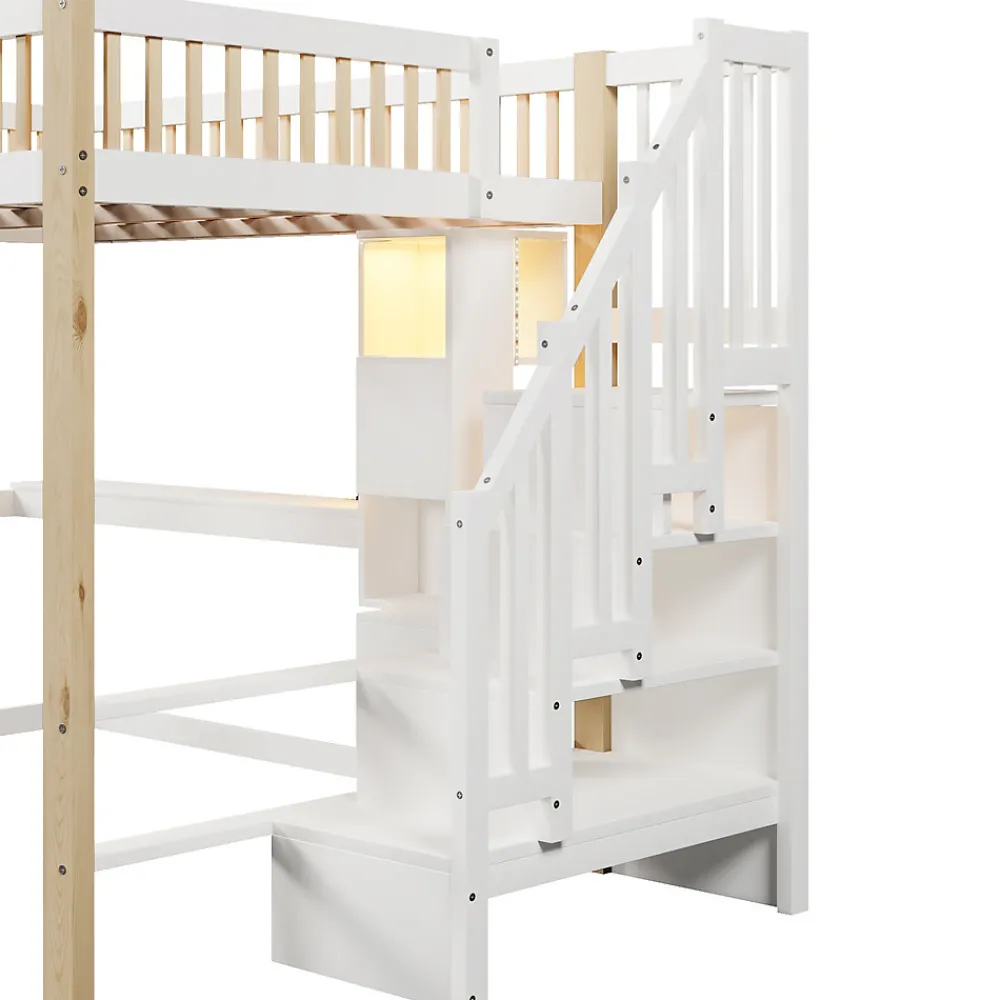 Lit mezzanine 140x200 cm avec bureau et escalier de rangement - lit ado gain de place - pin MDF blanc naturel - sans matelas>Okwish Discount