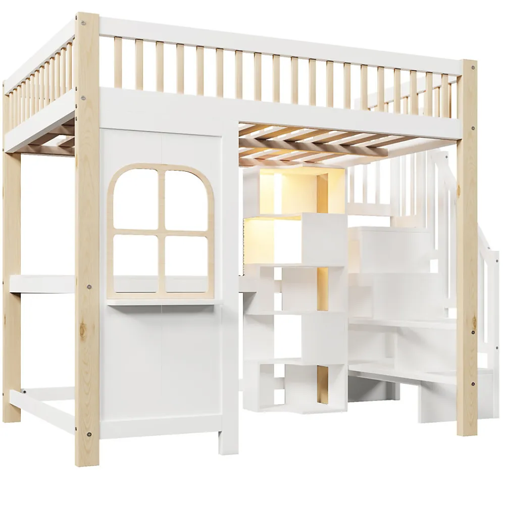 Lit mezzanine 140x200 cm avec bureau et escalier de rangement - lit ado gain de place - pin MDF blanc naturel - sans matelas>Okwish Discount
