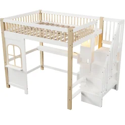 Lit mezzanine 140x200 cm avec bureau et escalier de rangement - lit ado gain de place - pin MDF blanc naturel - sans matelas><noscript><img width=