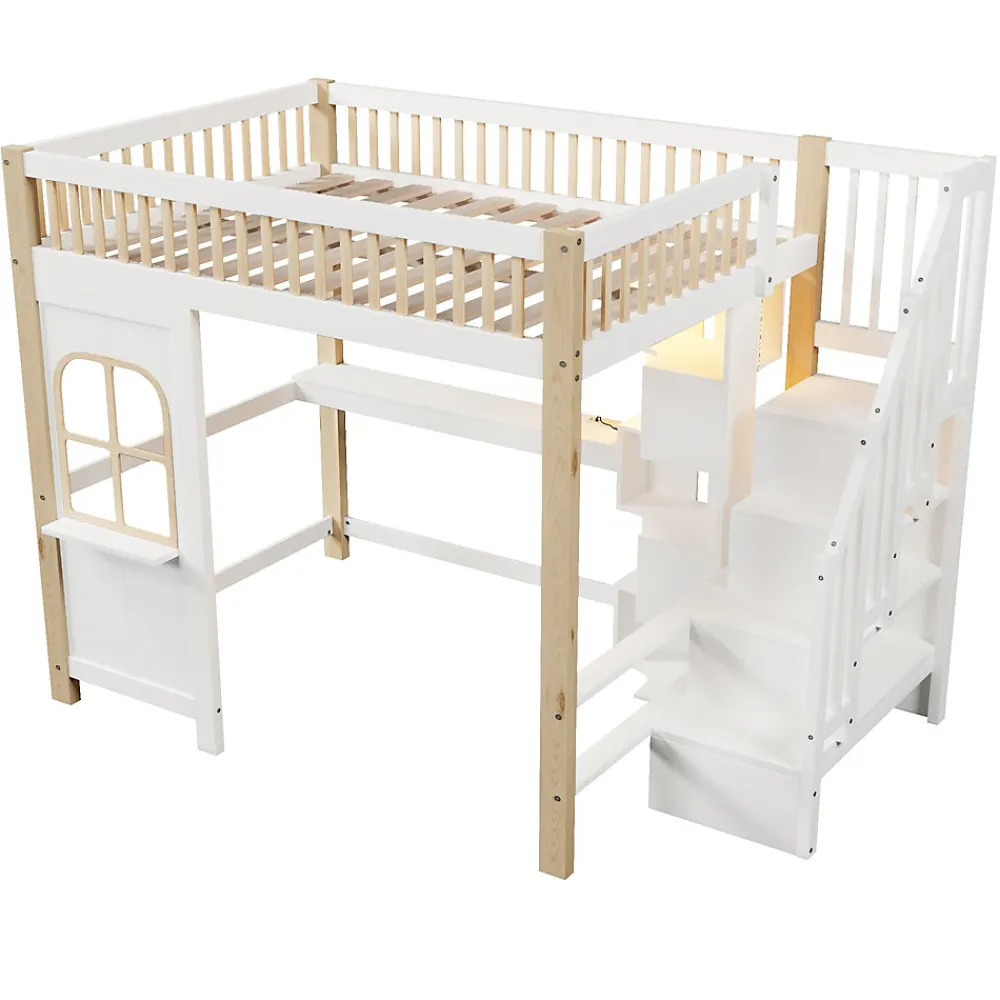 Lit mezzanine 140x200 cm avec bureau et escalier de rangement - lit ado gain de place - pin MDF blanc naturel - sans matelas>Okwish Discount