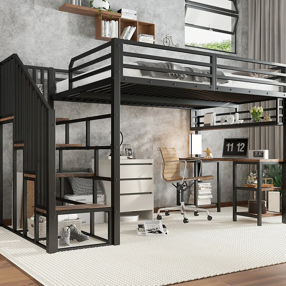 Lit mezzanine 120x200 cm avec bureau et étagère - escaliers avec rampes - Métal+panneaux de particules - Noir (sans matelas)>ModernLuxe Clearance