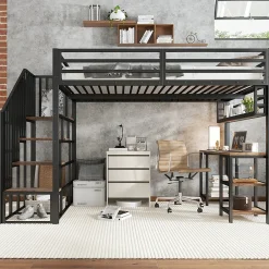 Lit mezzanine 120x200 cm avec bureau et étagère - escaliers avec rampes - Métal+panneaux de particules - Noir (sans matelas)>ModernLuxe Clearance