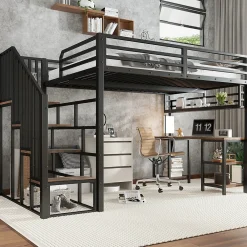 Lit mezzanine 120x200 cm avec bureau et étagère - escaliers avec rampes - Métal+panneaux de particules - Noir (sans matelas)><noscript><img width=