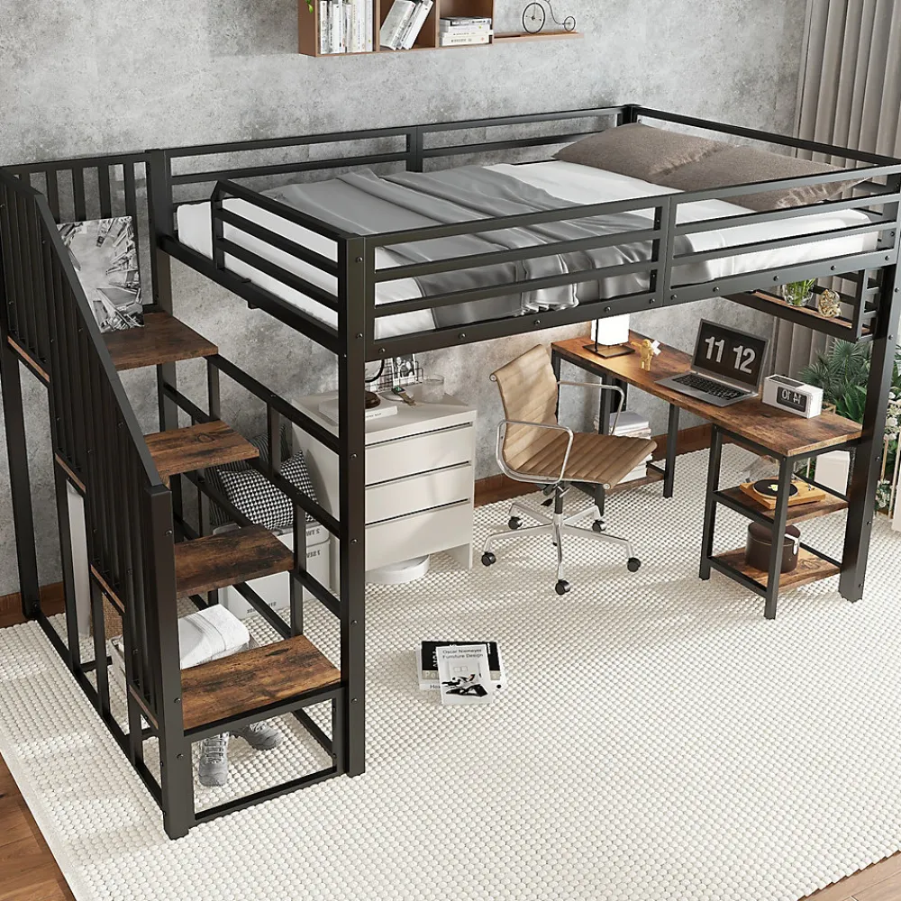 Lit mezzanine 120x200 cm avec bureau et étagère - escaliers avec rampes - Métal+panneaux de particules - Noir (sans matelas)>ModernLuxe Clearance