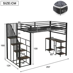 Lit mezzanine 120x200 cm avec bureau et étagère - escaliers avec rampes - Métal+panneaux de particules - Noir (sans matelas)><noscript><img width=