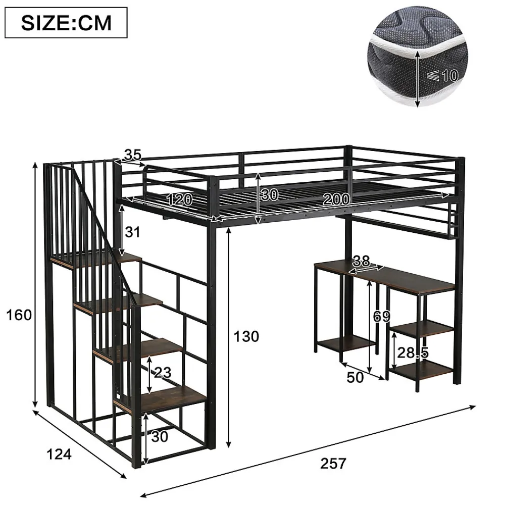 Lit mezzanine 120x200 cm avec bureau et étagère - escaliers avec rampes - Métal+panneaux de particules - Noir (sans matelas)>ModernLuxe Clearance