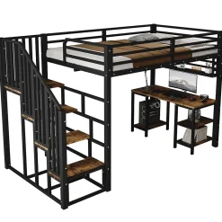 Lit mezzanine 120x200 cm avec bureau et étagère - escaliers avec rampes - Métal+panneaux de particules - Noir (sans matelas)><noscript><img width=