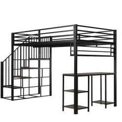 Lit mezzanine 120x200 cm avec bureau et étagère - escaliers avec rampes - Métal+panneaux de particules - Noir (sans matelas)><noscript><img width=