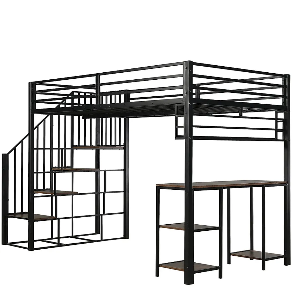 Lit mezzanine 120x200 cm avec bureau et étagère - escaliers avec rampes - Métal+panneaux de particules - Noir (sans matelas)>ModernLuxe Clearance