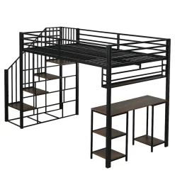 Lit mezzanine 120x200 cm avec bureau et étagère - escaliers avec rampes - Métal+panneaux de particules - Noir (sans matelas)><noscript><img width=