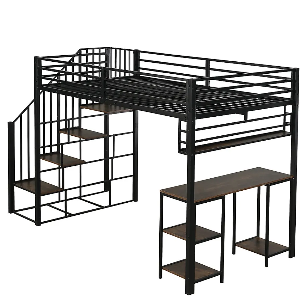 Lit mezzanine 120x200 cm avec bureau et étagère - escaliers avec rampes - Métal+panneaux de particules - Noir (sans matelas)>ModernLuxe Clearance