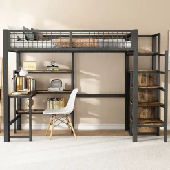 Okwish Lit mezzanine 90x200 cm avec bureau, placard et étagères, structure métal robuste, noir, sans matelas* Lit Mezzanine