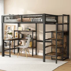 Okwish Lit mezzanine 90x200 cm avec bureau, placard et étagères, structure métal robuste, noir, sans matelas* Lit Mezzanine