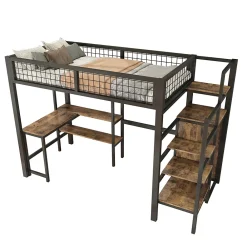 Okwish Lit mezzanine 90x200 cm avec bureau, placard et étagères, structure métal robuste, noir, sans matelas* Lit Mezzanine