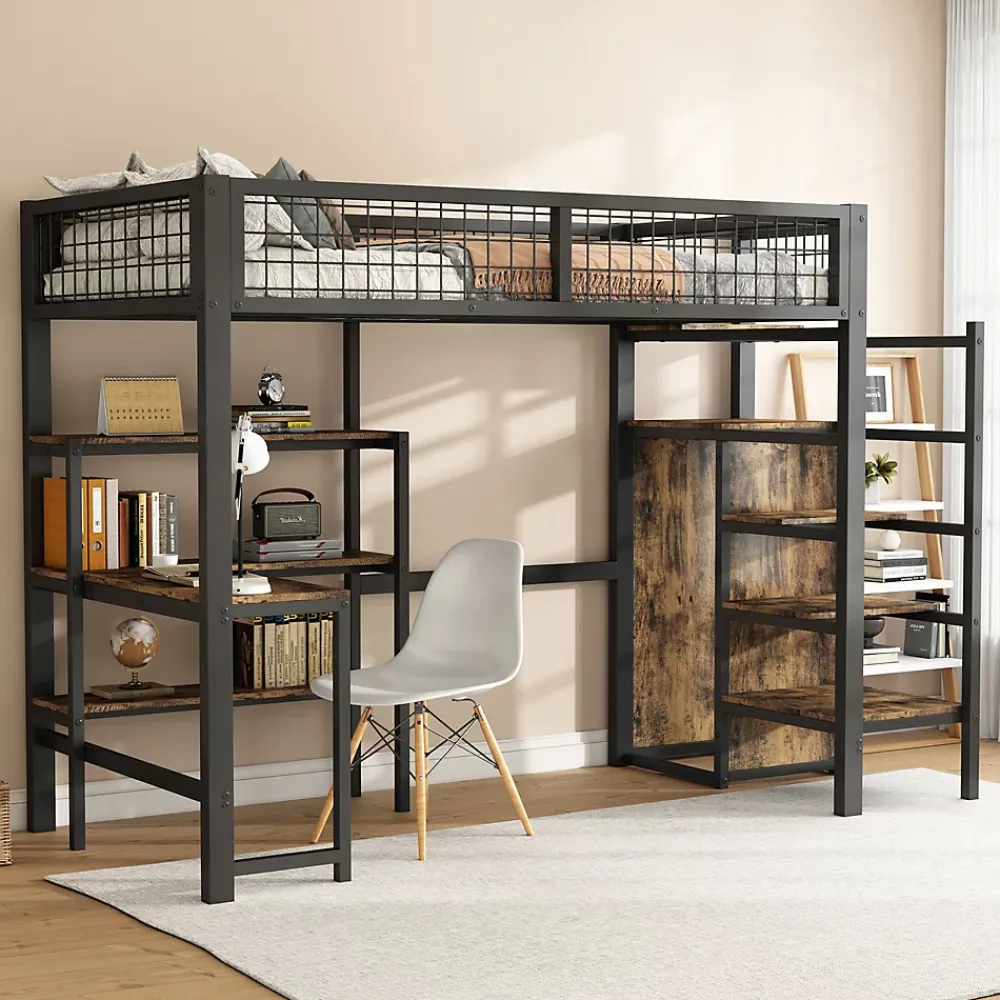 Okwish Lit mezzanine 90x200 cm avec bureau, placard et étagères, structure métal robuste, noir, sans matelas* Lit Mezzanine