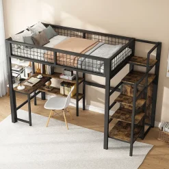 Okwish Lit mezzanine 90x200 cm avec bureau, placard et étagères, structure métal robuste, noir, sans matelas* Lit Mezzanine