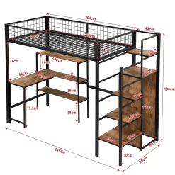 Okwish Lit mezzanine 90x200 cm avec bureau, placard et étagères, structure métal robuste, noir, sans matelas* Lit Mezzanine