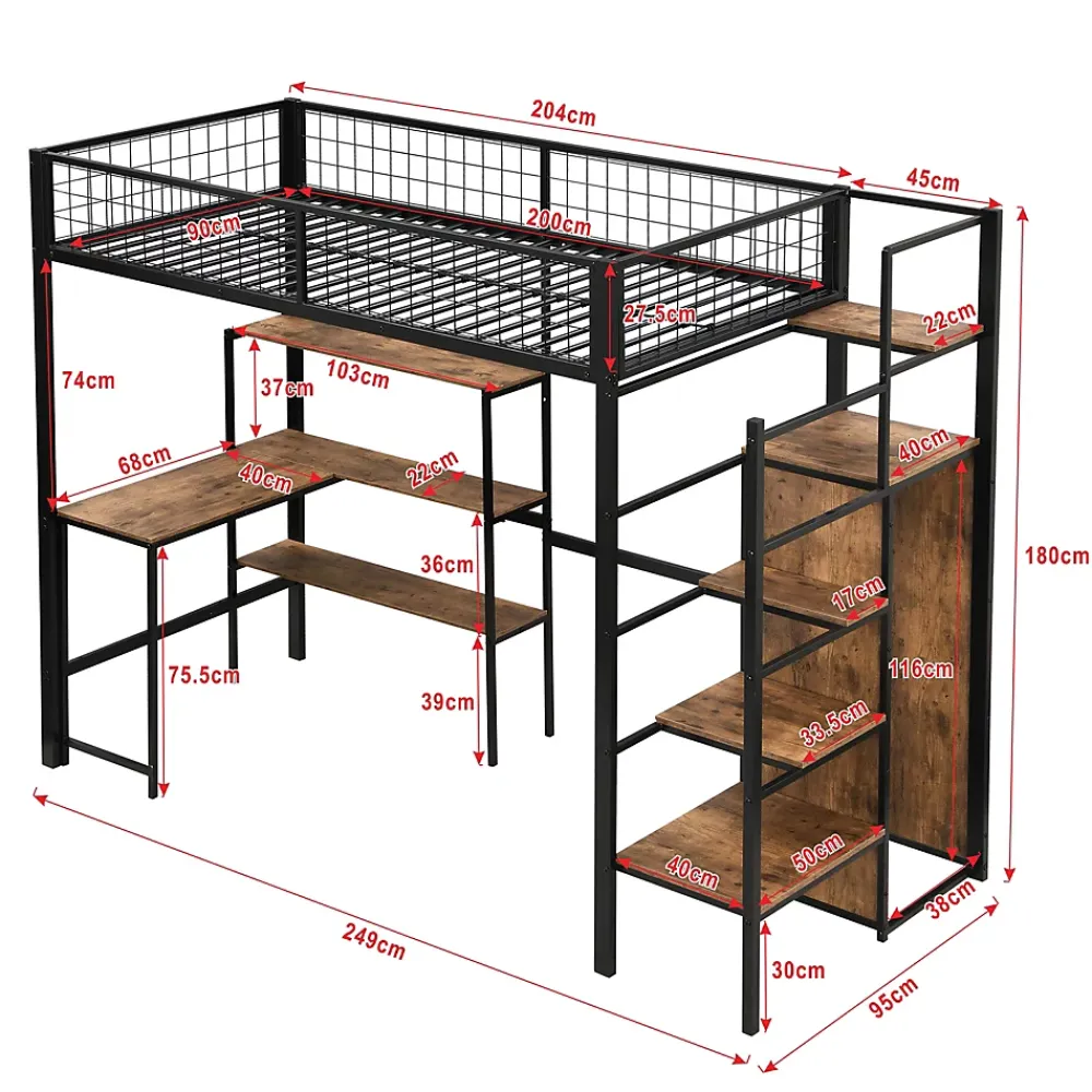 Okwish Lit mezzanine 90x200 cm avec bureau, placard et étagères, structure métal robuste, noir, sans matelas* Lit Mezzanine