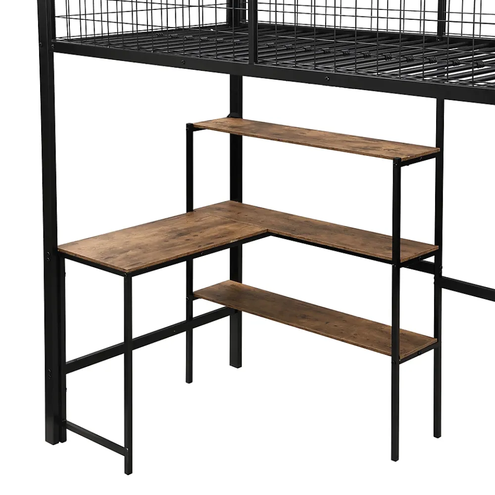 Okwish Lit mezzanine 90x200 cm avec bureau, placard et étagères, structure métal robuste, noir, sans matelas* Lit Mezzanine