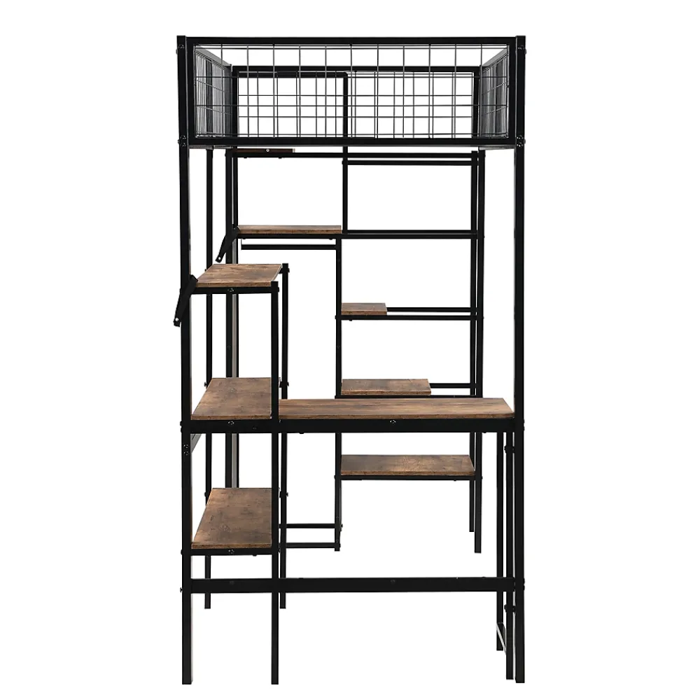 Okwish Lit mezzanine 90x200 cm avec bureau, placard et étagères, structure métal robuste, noir, sans matelas* Lit Mezzanine