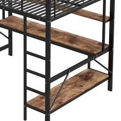 Okwish Lit mezzanine 140x200 cm avec bureau, étagères, LED et prise USB - lit ado/enfant gain de place - métal noir - sans matelas* Lit Mezzanine