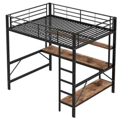 Okwish Lit mezzanine 140x200 cm avec bureau, étagères, LED et prise USB - lit ado/enfant gain de place - métal noir - sans matelas* Lit Mezzanine