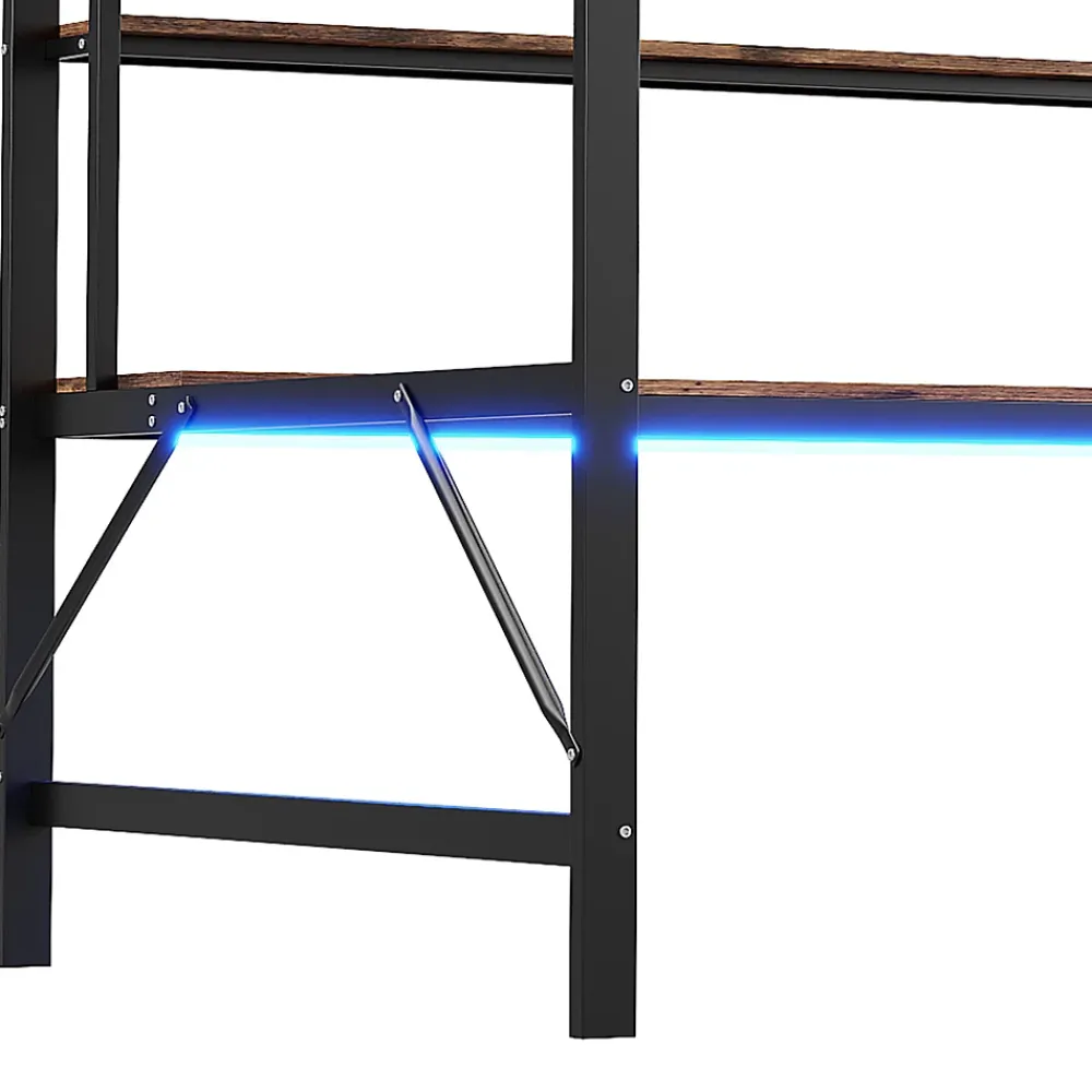 Okwish Lit mezzanine 140x200 cm avec bureau, étagères, LED et prise USB - lit ado/enfant gain de place - métal noir - sans matelas* Lit Mezzanine
