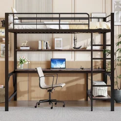 Okwish Lit mezzanine 140x200 cm avec bureau, étagères, LED et prise USB - lit ado/enfant gain de place - métal noir - sans matelas* Lit Mezzanine