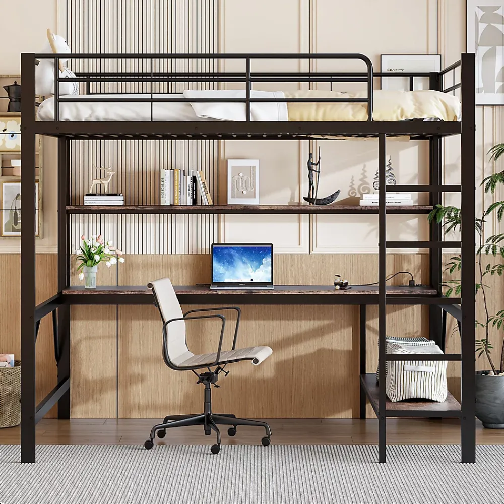 Okwish Lit mezzanine 140x200 cm avec bureau, étagères, LED et prise USB - lit ado/enfant gain de place - métal noir - sans matelas* Lit Mezzanine