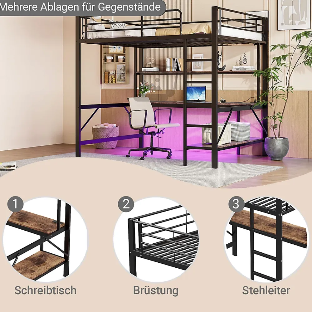 Okwish Lit mezzanine 140x200 cm avec bureau, étagères, LED et prise USB - lit ado/enfant gain de place - métal noir - sans matelas* Lit Mezzanine