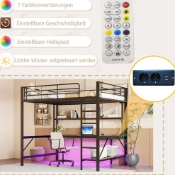 Okwish Lit mezzanine 140x200 cm avec bureau, étagères, LED et prise USB - lit ado/enfant gain de place - métal noir - sans matelas* Lit Mezzanine