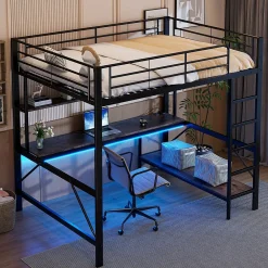 Okwish Lit mezzanine 140x200 cm avec bureau, étagères, LED et prise USB - lit ado/enfant gain de place - métal noir - sans matelas* Lit Mezzanine
