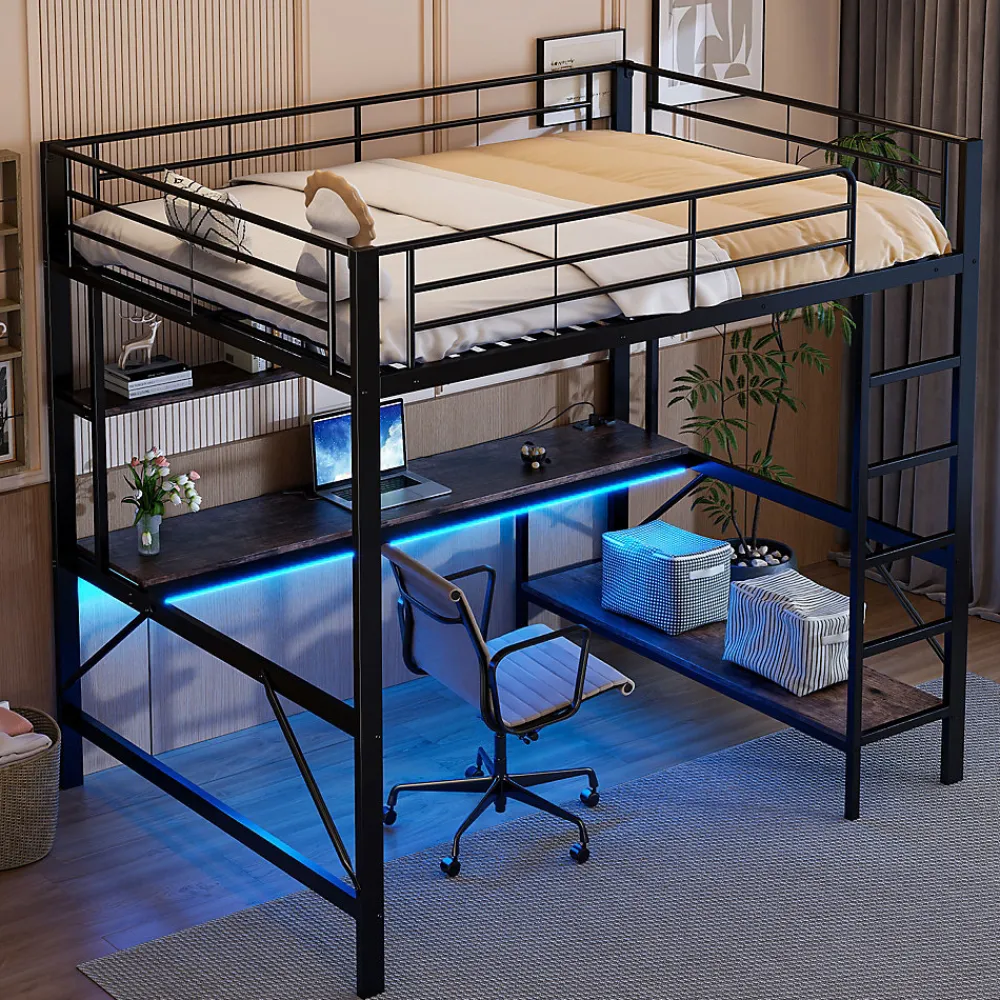 Okwish Lit mezzanine 140x200 cm avec bureau, étagères, LED et prise USB - lit ado/enfant gain de place - métal noir - sans matelas* Lit Mezzanine