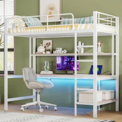 Lit mezzanine 90x200 cm avec bureau intégré, étagères, LED et prise USB, lit ado/enfant gain de place - métal blanc - sans matelas>Generique