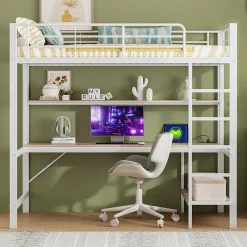 Lit mezzanine 90x200 cm avec bureau intégré, étagères, LED et prise USB, lit ado/enfant gain de place - métal blanc - sans matelas><noscript><img width=