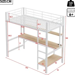 Lit mezzanine 90x200 cm avec bureau intégré, étagères, LED et prise USB, lit ado/enfant gain de place - métal blanc - sans matelas><noscript><img width=