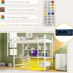 Lit mezzanine 90x200 cm avec bureau intégré, étagères, LED et prise USB, lit ado/enfant gain de place - métal blanc - sans matelas><noscript><img width=