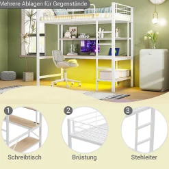 Lit mezzanine 90x200 cm avec bureau intégré, étagères, LED et prise USB, lit ado/enfant gain de place - métal blanc - sans matelas><noscript><img width=