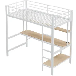 Lit mezzanine 90x200 cm avec bureau intégré, étagères, LED et prise USB, lit ado/enfant gain de place - métal blanc - sans matelas><noscript><img width=